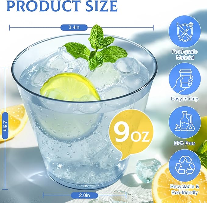 9 oz Clear Plastic Cups Blue Plastic Disposable Cups for Cocktail 50 Pack Fancy Cocktail Cup for Party Stemless Wine Glasses for Party Wedding Graduation Birthday
