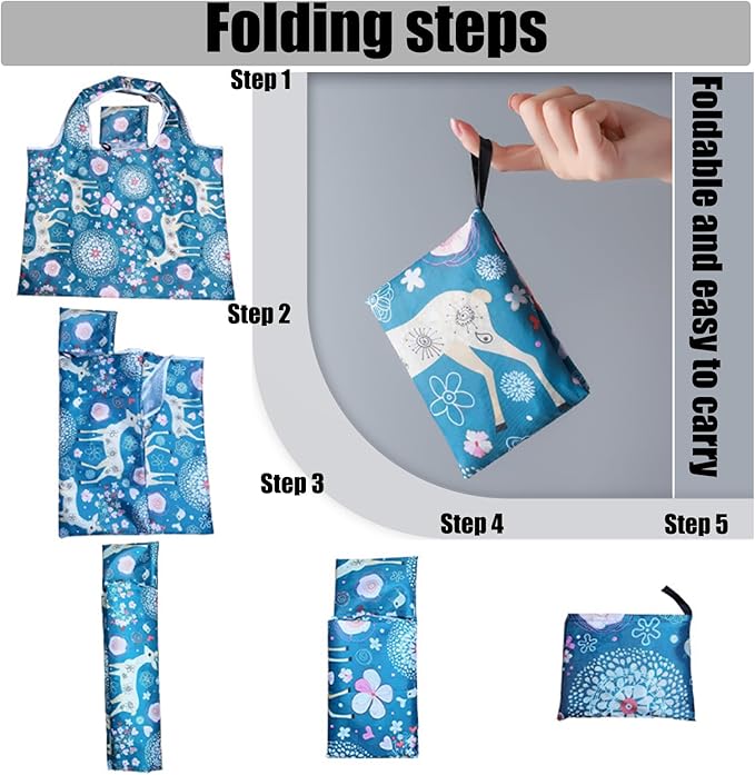 5 Pack Foldable Reusable Shopping Bags - 210D Nylon Waterproof Large Capacity Grocery Bags, Compact Travel Bag for Pinic, Groceries, Beach, Storage