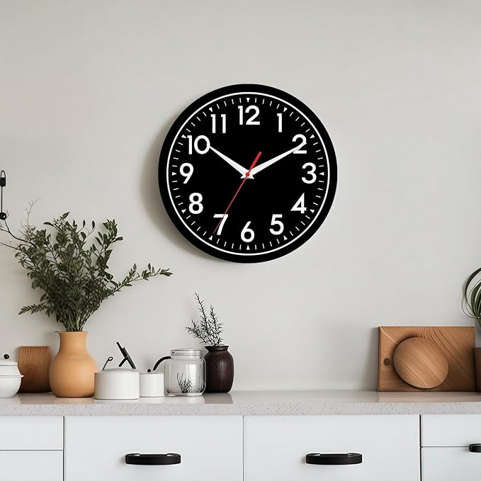 Wall Clock Black Battery Operated 10 Inch Simple Silent Non-Ticking Analog Decorative for Kitchen Bathroom Bedroom Office Living Room School Classroom (Black)