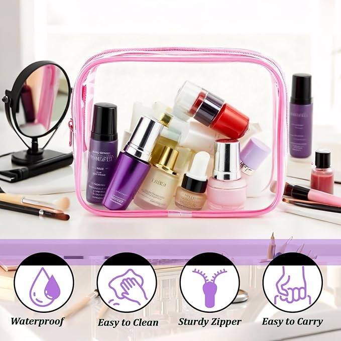 6 Pieces Clear Makeup Bags Bulk, TSA Approved Toiletry Bag PVC Clear Cosmetic Toiletries Pouch with Zipper, Waterproof Vinyl Plastic Organizer Case for Women Carry-on Travel Essentials