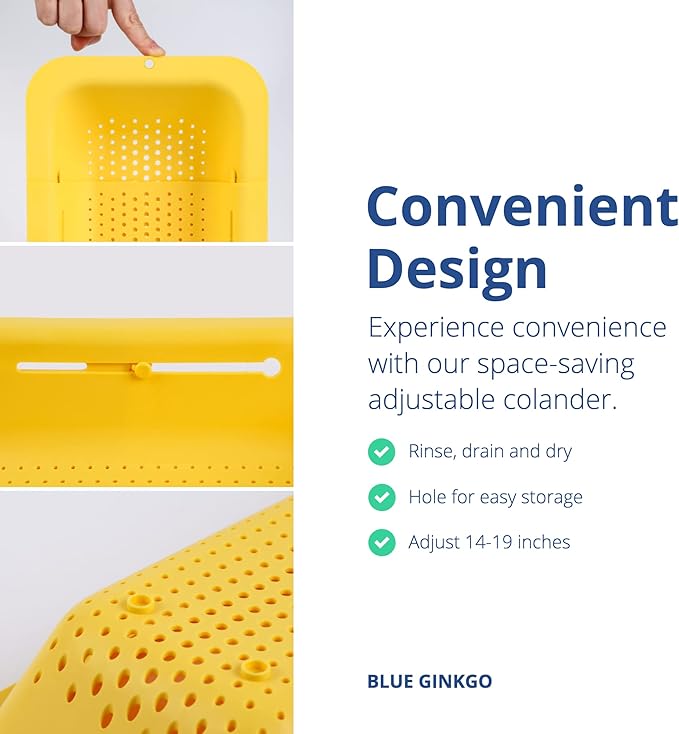 BLUE GINKGO Over the Sink Colander Strainer Basket - Wash Vegetables and Fruits, Drain Cooked Pasta and Dry Dishes - Extendable - New Home Kitchen Essentials (7.9 W x 14.5-19.5 L x 2.75 H) - Yellow