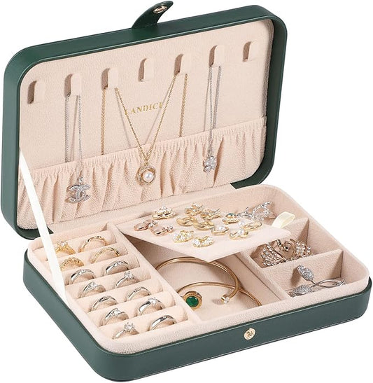 LANDICI Small Jewelry Box for Women Girls, PU Leather Travel Jewelry Organizer Case, Jewellery Storage Holder Display for Ring Earrings Necklace Bracelet Bangle Watch Men Kids Gift, Blackish Green