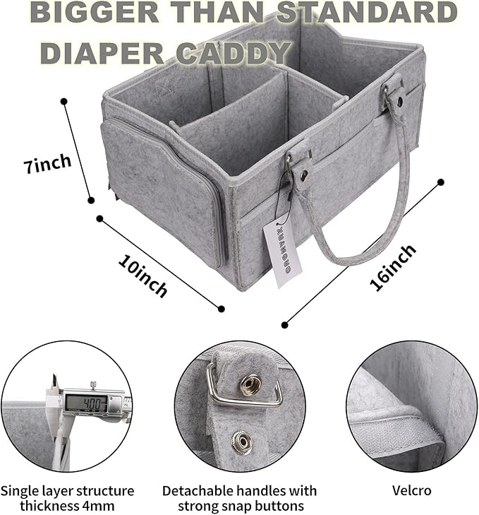 Baby Diaper Caddy Organizer with Handle - Gender Neutral Nursery Storage Bin Basket - Portable Tote Bag - Car Organizer - Newborn Essentials - Grey