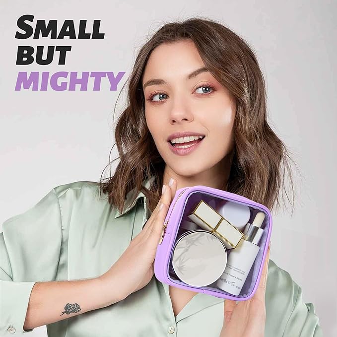 Aveniee Make up Bag for Purse, Clear Mini Cosmetic Bag Cute Zipper Pouches for Organizing Car Essentials Travel Toiletry Lipstick-Purple