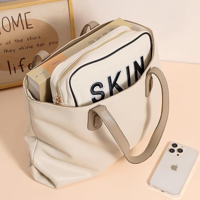 uekeboag 3Pcs Canvas Chenille Letter Makeup Bag Set, Small Travel Washable Organizer Bag for Purse with Zipper, Cute Personalized Gift Pouch For Women and Girls(Hair Skin Face)