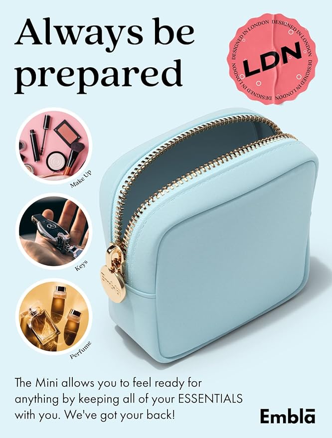 Embla Makeup Bag Travel Cosmetics Pouch and Toiletry Bag, Nylon Zipper Pouch Purse, Cute Make Up Organizer Storage Tote for Women Girls, Waterproof Travel Skincare Case, Small Makeup Bags, Sky Blue