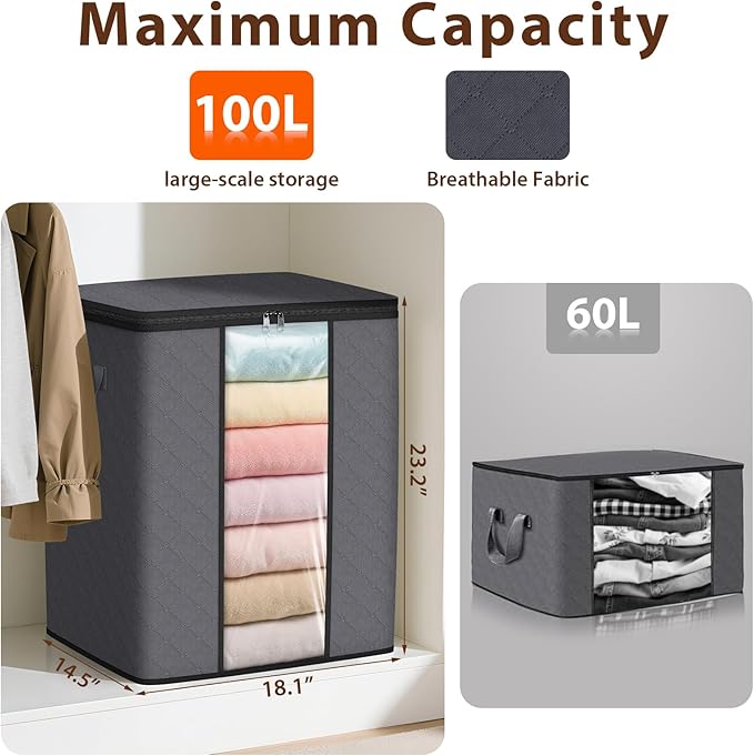 SpaceWhisper 3 Pack 100L Clothes Storage, Foldable Thick Fabric Blanket Storage Bags, Containers for Organizing Bedroom, Closet, Clothing, Comforter,Closet Organization with Handle,Grey