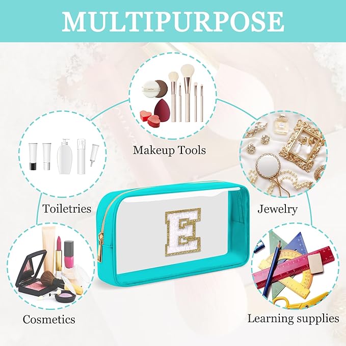 Small Clear Personalized Initial Makeup Bag,Nylon Preppy A-Z Chenille Letter Patch Cosmetic Pouch Beach Toiletry Bag,Waterproof Zipper Travel Purse Storage Bag Organizer for Women Girls(Cyan-White E)