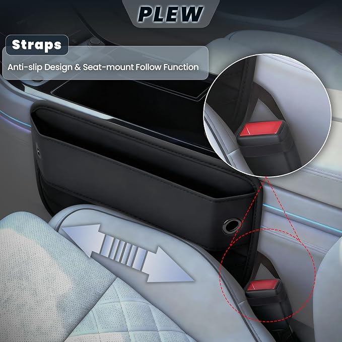 PLEW 2-Pack Black Obsidian Car Seat Gap Filler, Premium Leather Console Organizer Universal Fit for Car SUV Truck Multi-Purpose Essentials Organizer - Anti-Drop Auto Interior Accessories