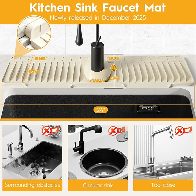 24" Silicone Faucet Mat for Kitchen Sink, Released in December 2025, 8° Slope for Fast Self-draining - Kitchen Sink Splash Guard, Bathroom Kitchen Sink Area Water Splash Guard Behind Faucet Draining Mat Beige