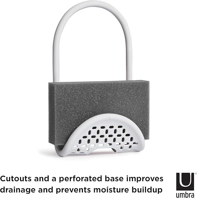 Umbra Sling Kitchen Sink Caddy Sponge Holder, Hangs Over Faucet or Divider, Single, White