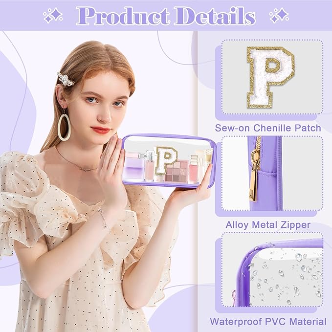 Personalized Initial Letter Clear Makeup Bag, Preppy Small Nylon & PVC Cosmetic Zipper Bag with Chenille Letter, Travel Skincare Toiletry Bag, Monogram Christmas Gift for Teen Girls Women, P