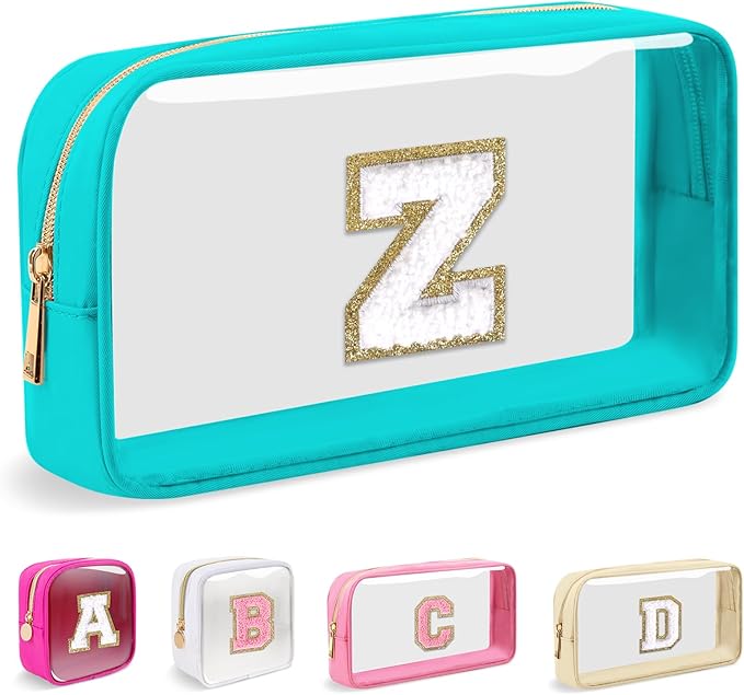 Small Clear Personalized Initial Makeup Bag, Preppy A-Z Chenille Letter Patch Cosmetic Bag, Cute Transparent Nylon Waterproof Zipper Beach Varsity Letter Pouch, Gift for Women Girls(Cyan-White Z)