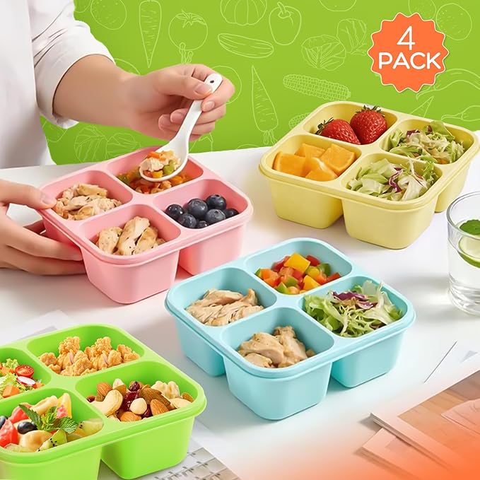 Bento Box Adult Lunch Box- 4 Pack,4 Compartment Snack Containers Reusable Meal Prep Stackable BPA-Free Lunch Containers for Home, Work, Travel (4 Color)