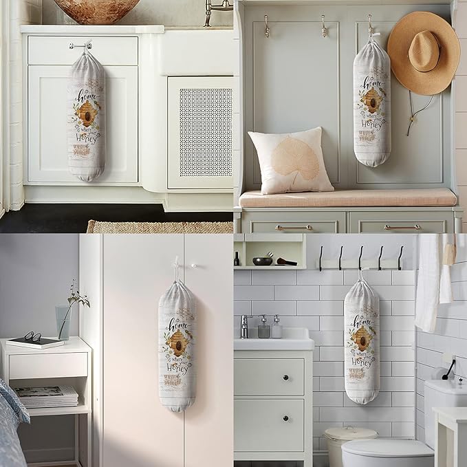 Hglian Bee Grocery Bag Holder,Plastic Bags Organizer Garbage Shopping Trash Bags Storage,Farmhouse Kitchen Décor-Home is Where Your Honey is