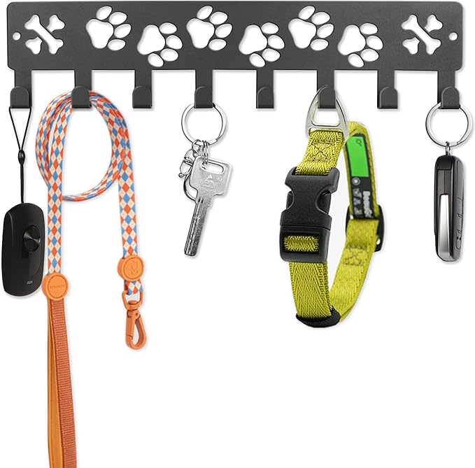 Key Holder Wall Mount & Dog Leash Holder for Wall, Metal Key Rack with 8 Hooks for Entryway/Hallway/Kitchen Decor, Dog Paws Design Wall Organizer 11.8×2.6 Inch with Screw Anchors (Black-Paws)