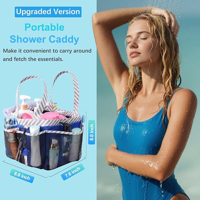 Haundry Mesh Shower Caddy Portable for College Dorm Room Essentials, Shower Caddy Tote with 8 Pockets Large Capacity, Shower Bag for Beach, Swimming, Gym, Dark Blue