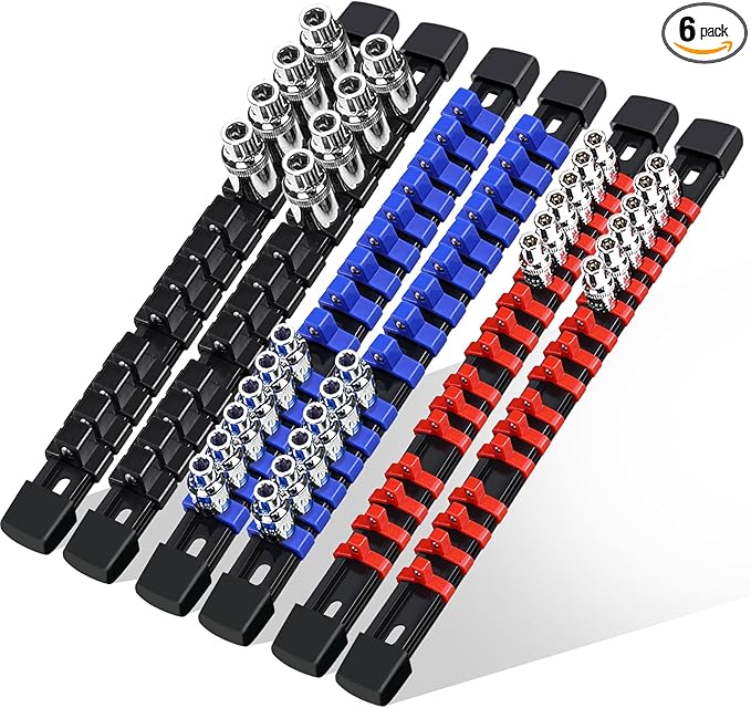 6 Pcs Socket Organizer Rail Set, Premium Socket Holder, Heavy-Duty Socket Rack Kit With 86 Clips 1/4-Inch x 32 Clips, 3/8-Inch x 30 Clips, 1/2-Inch x 24 Clips – Ideal for Tool Storage
