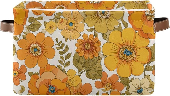 Aslsiy Storage Basket Vintage 70s Style Flowers Nursery Bins Baby Box Canvas Clothes Shelf Basket Laundry Hamper Gift Baskets for Home Closet 1 Pcs