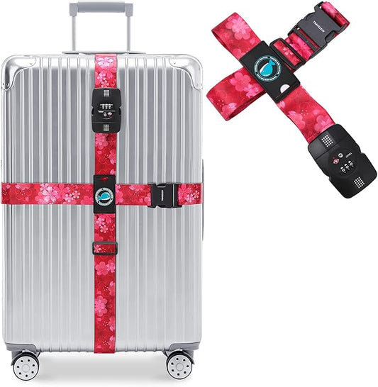 Travelkin Luggage Straps TSA Approved - Adjustable Cross Suitcase Straps with TSA Lock, Reinforced Buckle, Unique Pattern - Secure Heavy Duty Luggage Straps for Travel (Sakura)