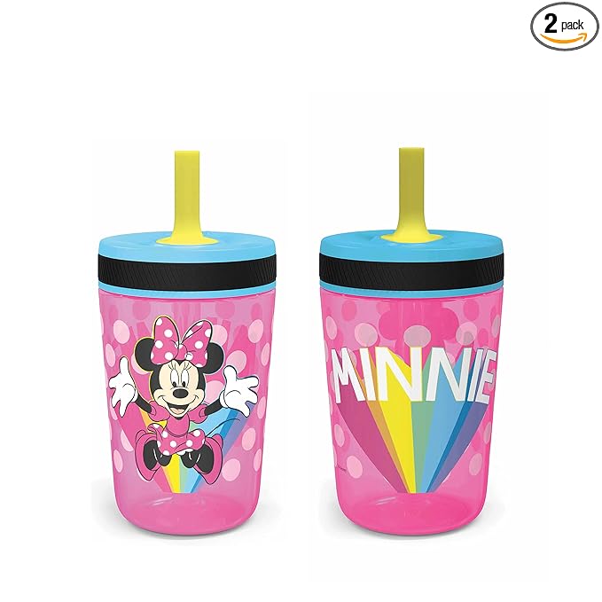 Zak Designs Disney Kelso Tumbler 15 oz Set (Minnie Mouse) Leak-Proof Screw-On Lid with Straw, Made of Durable Plastic and Silicone, Perfect Bundle for Kids