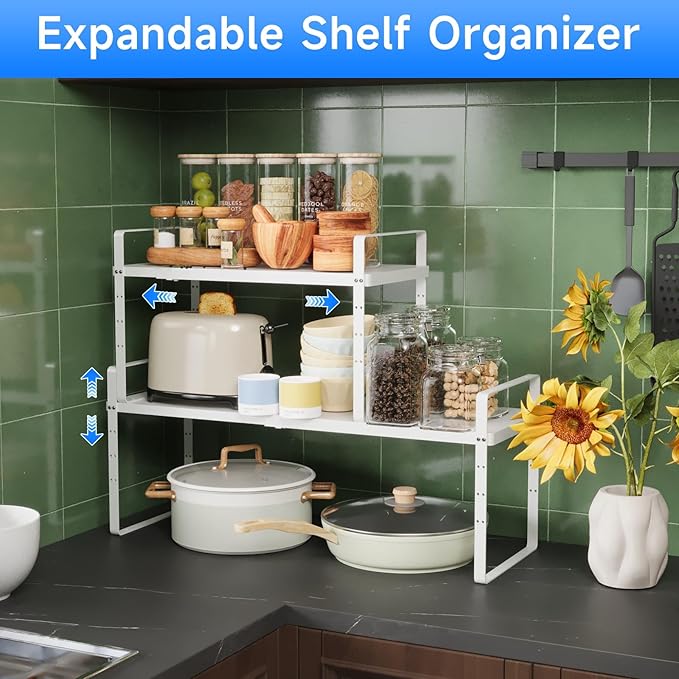 KIKIBRO Expandable Cabinet Shelf Organizer, Stackable Kitchen Pantry Counter Storage, Adjustable Closet Cupboard Stand Rack Risers Spice Organization 80LBS Heavy Duty White Large 2 Pack
