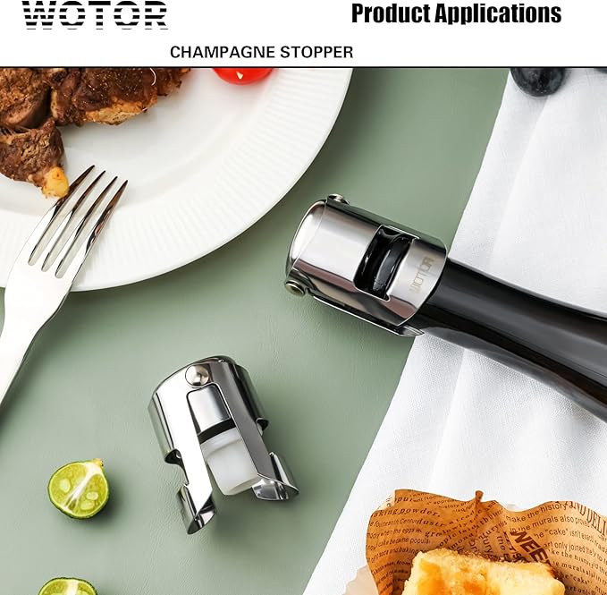 WOTOR Champagne Stoppers Stainless Steel, Prosecco Bottle Stopper with Food Grade Silicone, Reusable Champagne Cork & Saver, Leak proof Keep Fresh (Silver, 6 Pack)