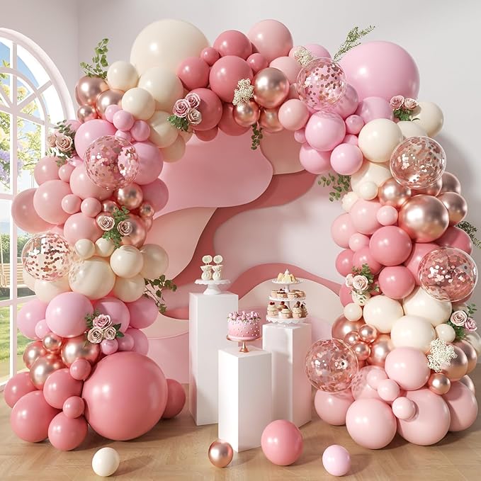 Woaipati Dusty Rose Pink Balloon Arch Kit, 148Pcs Dusty Pink Macaron Orange Pastel Pink White Sand Rose Gold Confetti Balloons for Baby Bridal Shower Wedding Engagement Birthday Party Decorations