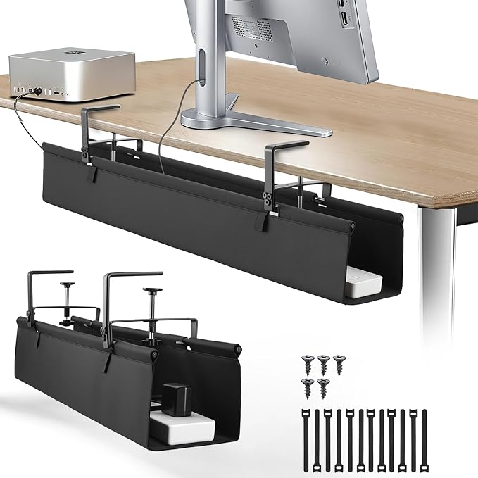 Oxford Cloth Under Desk Cable Management Tray, No-Drill 48" Desk Cable Management Organizer with Clip/Screw Installation, Holds Up to 70 lbs, Fabric Cable Management for Home, Office & Gaming Computer