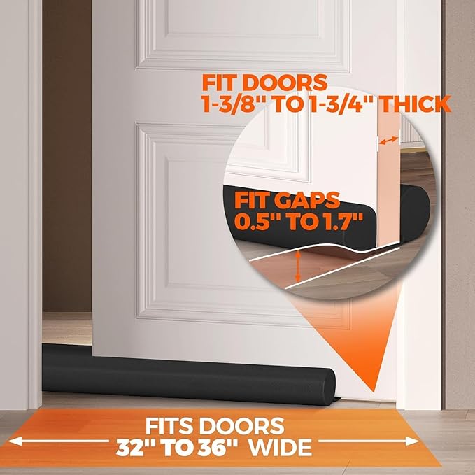 Holikme Door Draft Stopper 2 Pack×36 inch Door Sweep Weather Stripping Noise Blocker Window Breeze Blocker Adjustable Door Sweeps, Black