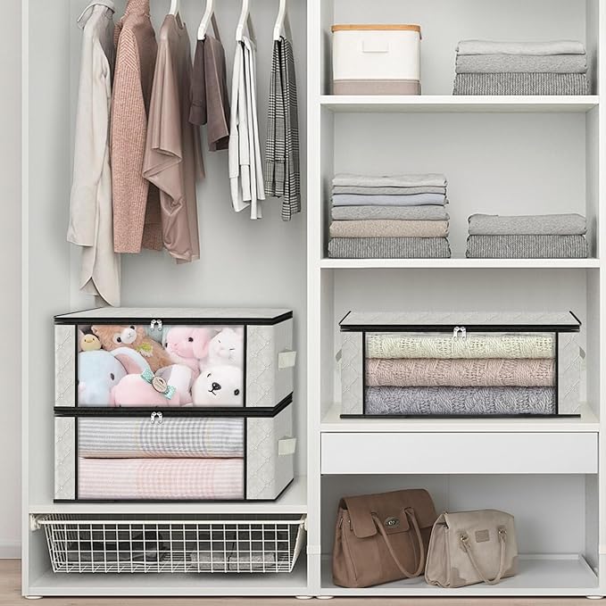 HomeHacks Storage 10-Pack Clothes Organizer Storage Bags Foldable Storage Box with Large Clear Window, Sturdy Handles for Closet, Dorm, Pillows, Bedding, Clothes, Blankets, 35L, Ivory