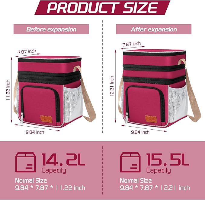 Insulated Lunch Bag for Women Men, Reusable 3 Layers Lunch Box Women, Expandable Reusable Water-resistant Lunch Box for Work Travel Office Picnic Hiking (Red)