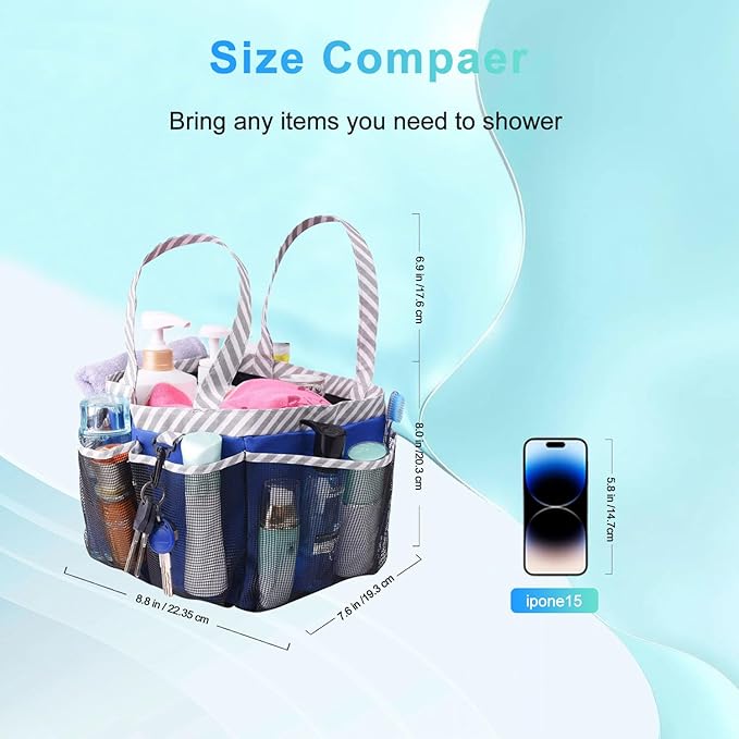 Haundry Mesh Shower Caddy Portable for College Dorm Room Essentials, Shower Caddy Tote with 8 Pockets Large Capacity, Shower Bag for Beach, Swimming, Gym, Dark Blue