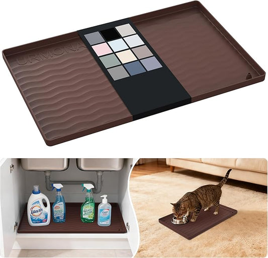 URMONA Waterproof Silicone Under Sink Mat 16'' x 10'' Shelf Liner for Kitchen and Bathroom, Cabinet and Counter Protector, Storage and Organizers, Litter Mat, Pet Cat Puppy Essentials (Brown)
