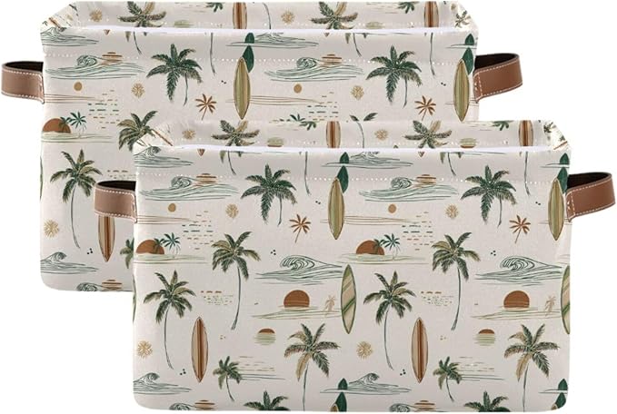 Aslsiy Storage Basket - Hawaii Palm Surf Nursery Bins Brown Baby Box Canvas Clothes Shelf Laundry Hamper Gift Basket for Home Closet - 1 Pcs