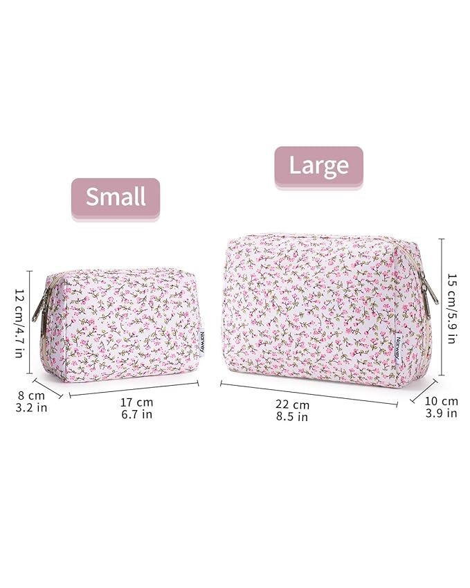 Narwey Cute Floral Makeup Bag Travel Cosmetic Bag Organizer Toiletry Bag Make Up Bags with Compartments for Women Girls (Green Leaves and Flower, Large)