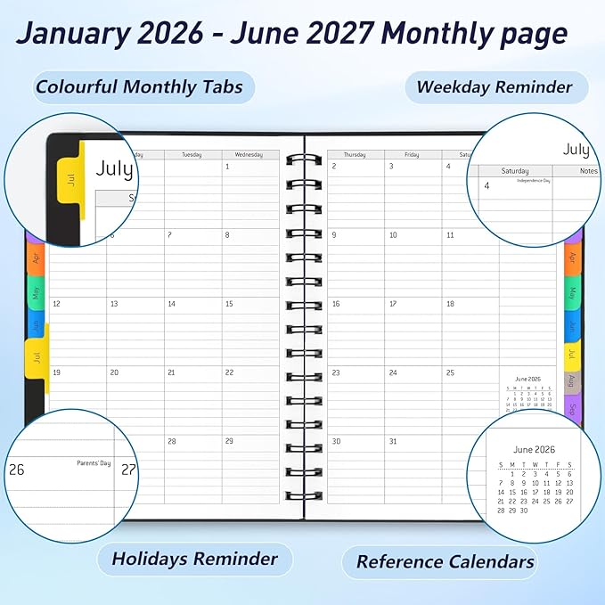Daily Planner 2026-2027, 18-Month Weekly and Monthly Calendar Planner, January 2026 - June 2027, Planning Agenda Book with Laminated Tabs, Flexible Cover, 100GSM Thick Paper, A5 Size,Black