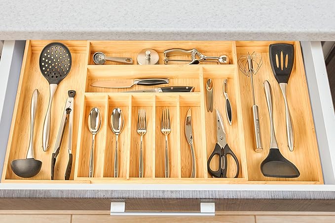 Umilife Extra Large Expandable Kitchen Silverware Utensils Drawer Organizer, 19" Deep for Big Drawer, Adjustable Bamboo Wood Drawer Divider with Curved Grooves, Cutlery Tray Flatware Holder
