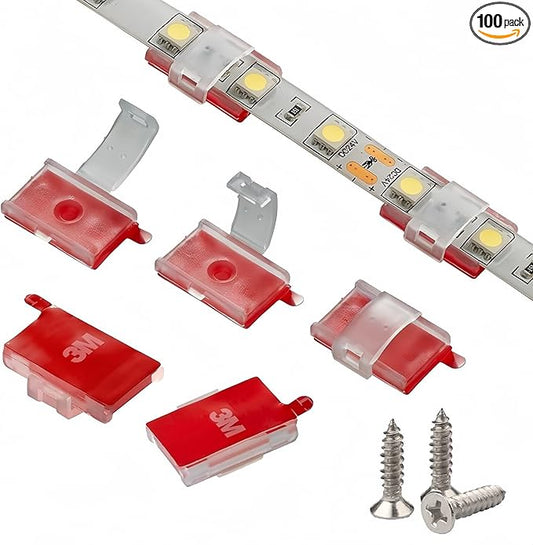 Threetwofour 100 Pack Double Installation LED Strip Light Mounting Bracket Self Adhesive LED Clips Only for Width 8-10mm/0.31-0.39in Height<2.8mm/0.11in Indoor LED Strip Light with 102PCS Screws