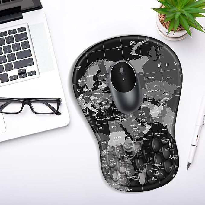 YIWEI Ergonomic Mouse Pad with Wrist Rest - Comfortable Office Mousepad with Memory Foam Wrist Support for Carpal Tunnel Relief, Mouse Pads with Non-Slip Base for Gaming and Home (World Map)