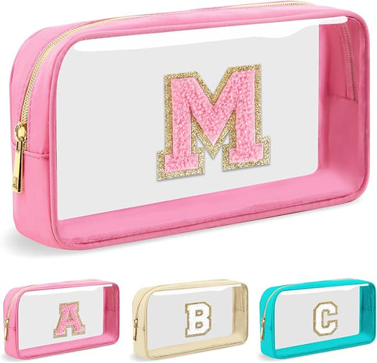 Personalized Initial Letter Clear Makeup Bag, Preppy Small Nylon & PVC Cosmetic Zipper Bag with Chenille Letter, Portable Beach Travel Skincare Toiletry Bag, Trendy Monogram Gift for Teen Girls Women, M