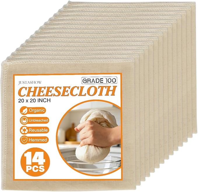 14 Pack Cheese Cloths, 20x20 Inch Cheesecloth Hemmed Edge Unbleached Fine Fabric, Reusable Grade 100 Cotton Muslin Cloth for Turkey, Butter, Cooking, Straining, Cheese Making, Juicing, Baking