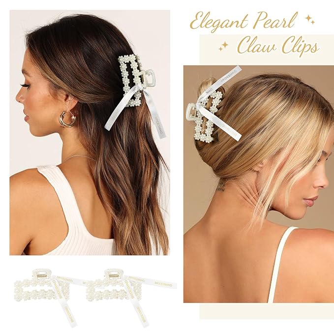 8 PCS Pearl Bridesmaid Gifts Rectangle Hair Claw Clips with Ribbon 3 Inch Hair Hccessories for Wedding Bachelorette Party Favors