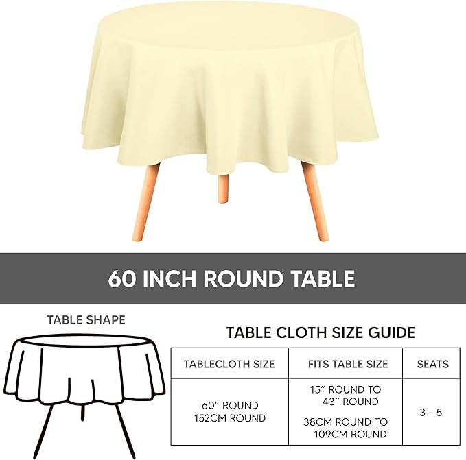Utopia Kitchen Round Table Cloth 2 Pack(60 Inches, Ivory), Tablecloth Machine Washable, Polyester Table Cover for Dining, Buffet Parties, Picnics, Events, Weddings and Restaurants
