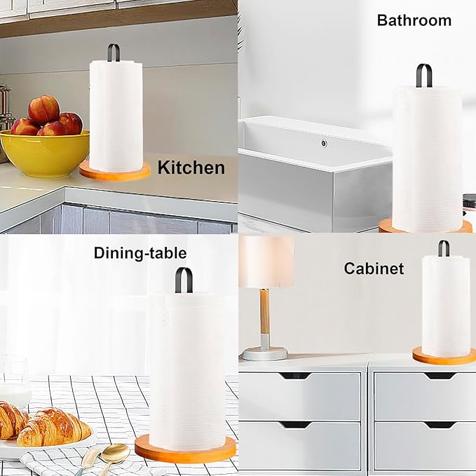 TONLEA Wooden Paper Towel Holder Countertop, Kitchen-Towel-Holder FreeStanding with Non-Slip Base for Bathroom Black-2PCS