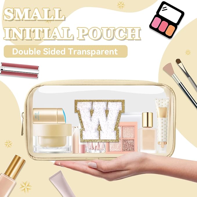 Small Clear Personalized Initial Makeup Bag, Preppy A-Z Chenille Letter Patch Cosmetic Bag, Cute Transparent Nylon Waterproof Zipper Beach Varsity Letter Pouch, Gift for Women Girls(Beige-White W)