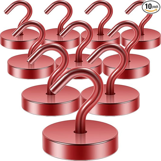Neosmuk Magnetic Hooks, Cruise Ship Essentials, 120lb+ Heavy Duty Magnetic Hooks for Cruise Cabins, Refrigerator, Grill, Hanging, and Travel | Extra Strong Must-Have Magnet Hook, Red, Pack of 10