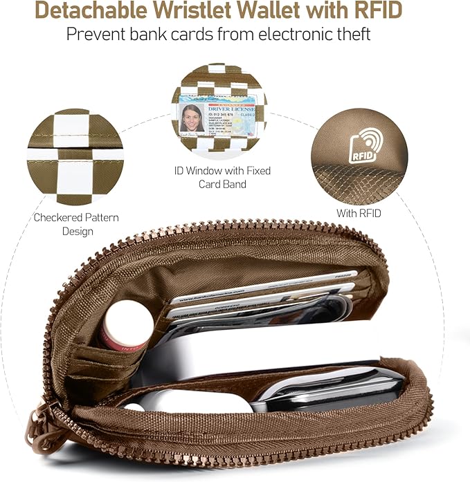 Clip and Go Strap for Phone with Wallet Crossbody Phone Lanyard and Detachable Checkered Bag with ID Window and RFID Pouch for Daily Travel.