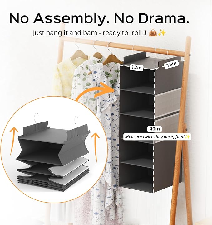 Deep Hanging Closet Organizers and Storage, Closet Hanging Storage Shelves with 5 Shelves and 4 Mesh Pockets, Heavy-Duty Closet Organizer for Clothes, Hats, and RVs and Dorm Essential,1-Pack, Grey