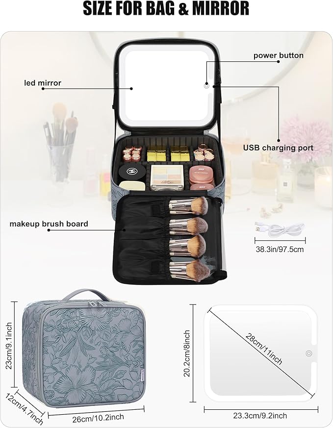 Relavel Travel Makeup Bag With LED Mirror for Women, Cosmetic Organizer Bag with Adjustable Brightness in 3 Color Scenarios, Detachable Dividers, Waterproof Train Case for Daily - Dark Blue Flower